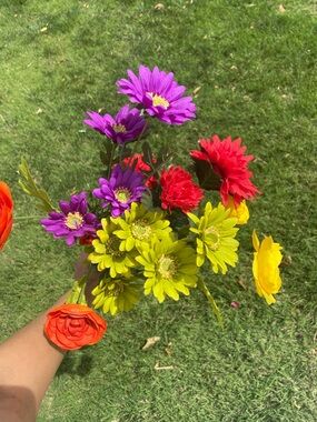 Bright Mixed Artificial Flower Bouquet - Purple, Yellow, Red, Orange, Green